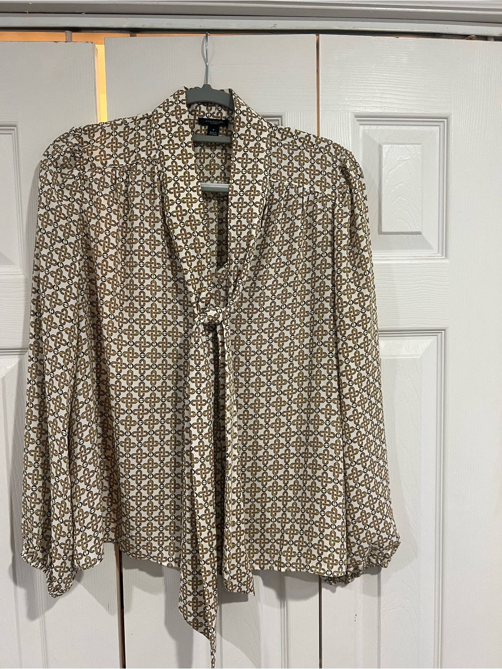 Ann Taylor Tie-Neck Geometric Print Blouse - Cream & Brown